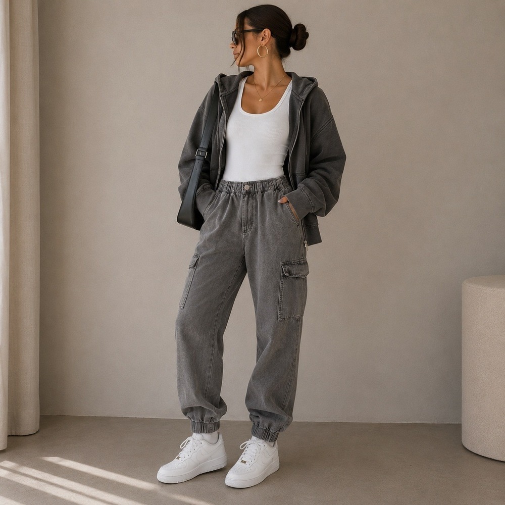 Y2K Style Grey Cargo Joggers‎ S Paperbag Gorpcore Relaxed Fit Utility